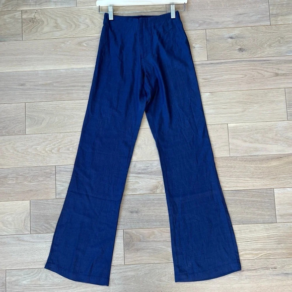 Savannah Morrow High Waist Linen Flare Trouser Pants Navy Blue XXS Resort NWT